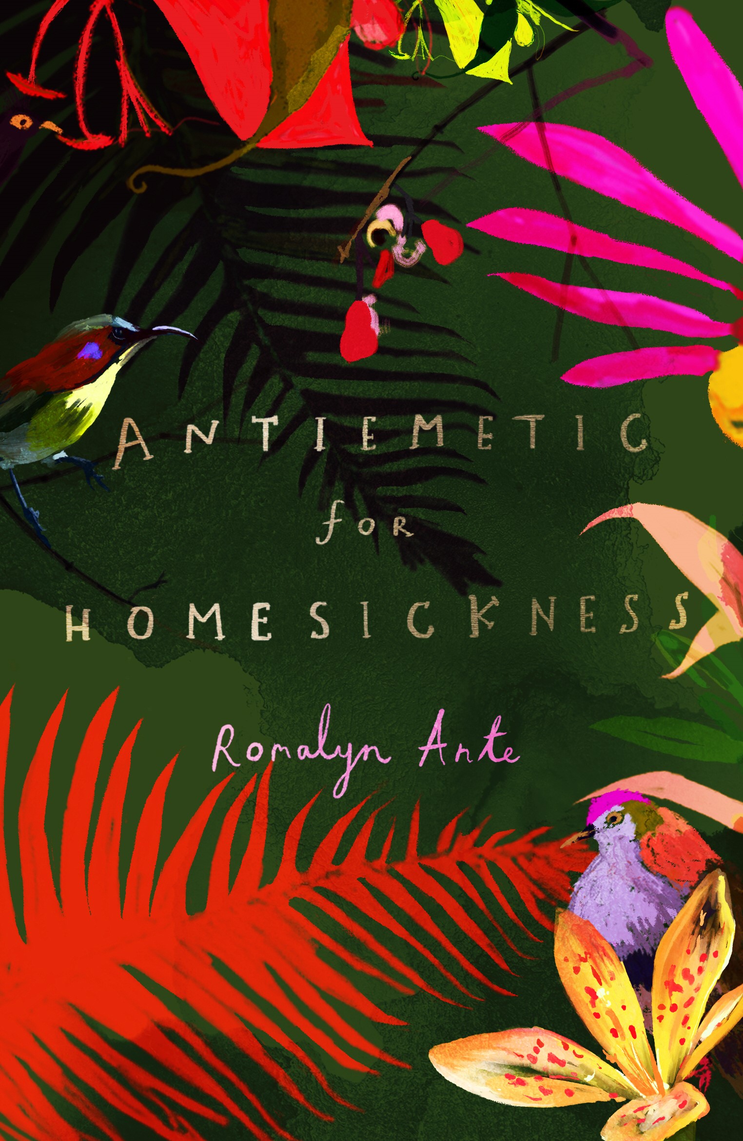 copertina con sfondo di vegetazione tropicales su cui si sovrappone il titolo Antiemetic for Homesickness e il nome dell'autrice, Romalyn Ante